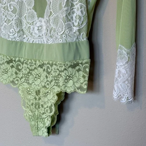 Free People x We Are HAH Lime Green Cream Lace Sheer Bodysuit NWT Size Small